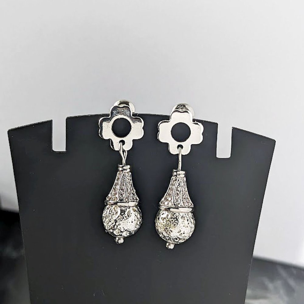 Floral Silver Victorian Vintage Antique Cubic Zirconia Style Drop Earrings